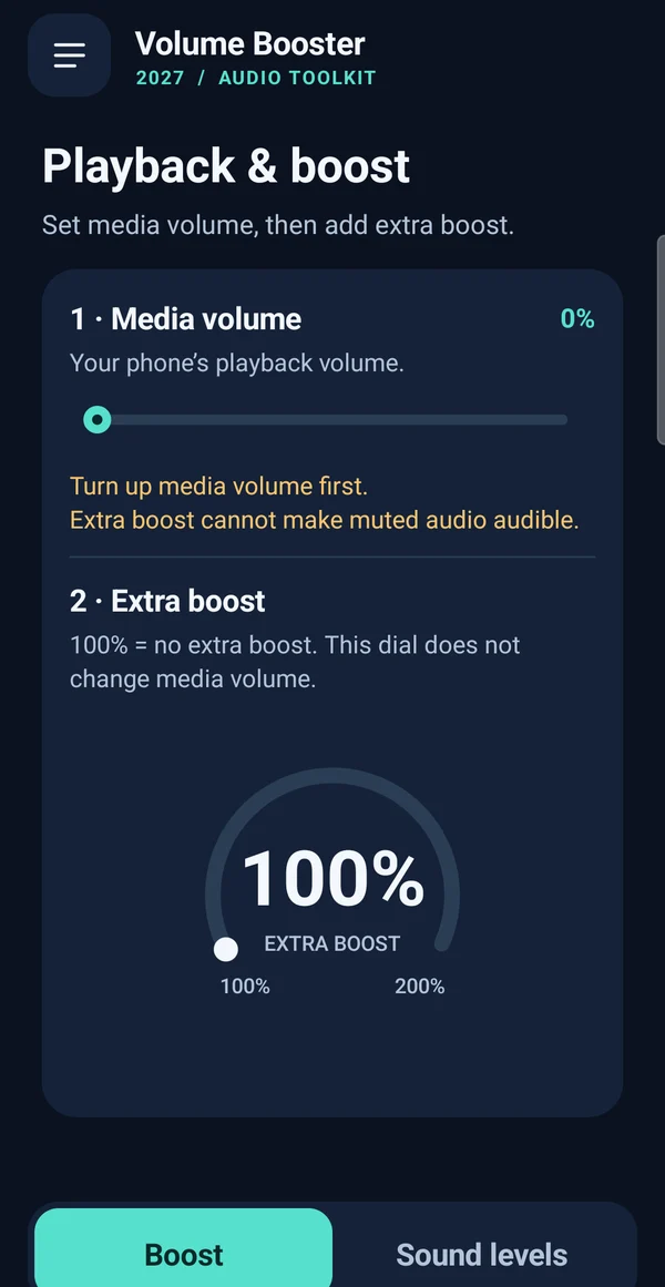 Actual Volume Booster 2027 screen: media volume comes first, followed by a clearly labeled extra boost dial.